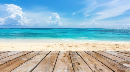 Naklejka premium Serene ocean view with a wooden deck overlooking a stunning beach and crystal-clear water under a bright blue sky.