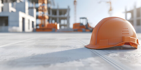 Builder's Helmet on Concrete Floor, Construction Site Safety and Equipment Concept