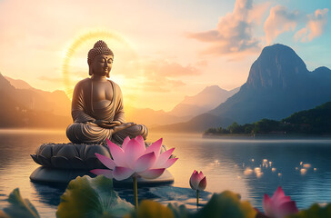 buddha sitting on a lotus flower, with a background of the sky with the sun and mountains