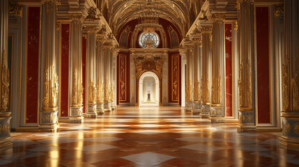 Grand interior of an opulent historical palace showcasing elaborate architecture during daylight hours