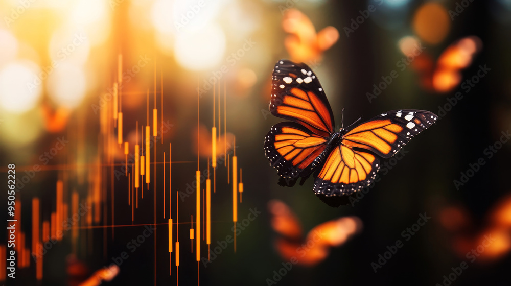 Poster a captivating image of a butterfly flying in front of a backdrop of financial charts, symbolizing gr