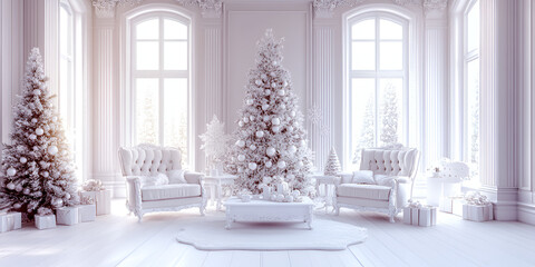 Fototapeta premium Large White Christmas Tree with Silver Ornaments in Room with White Furniture