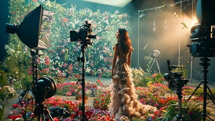Model poses in floral-themed studio with vibrant flower arrangement during a creative fashion shoot