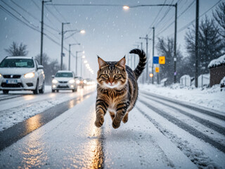 Obraz premium Risking being hit by car cat crossing road in front of vehicles.