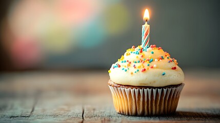 A cupcake with one candle on top, a celebration of life and joy.