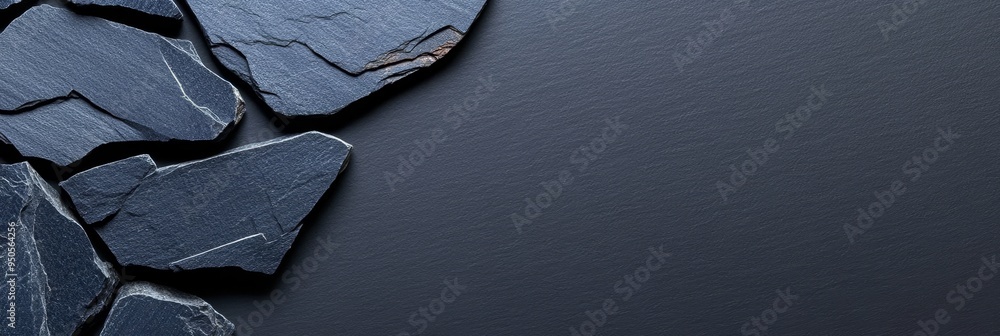Poster a close-up of dark grey slate stone pieces, creating a rough and textured background. it symbolizes 