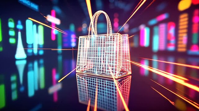 A luminous stream of data bytes leading directly into a virtual shopping bag, framed by a vibrant and dramatic digital landscape, epitomizing modern online shopping