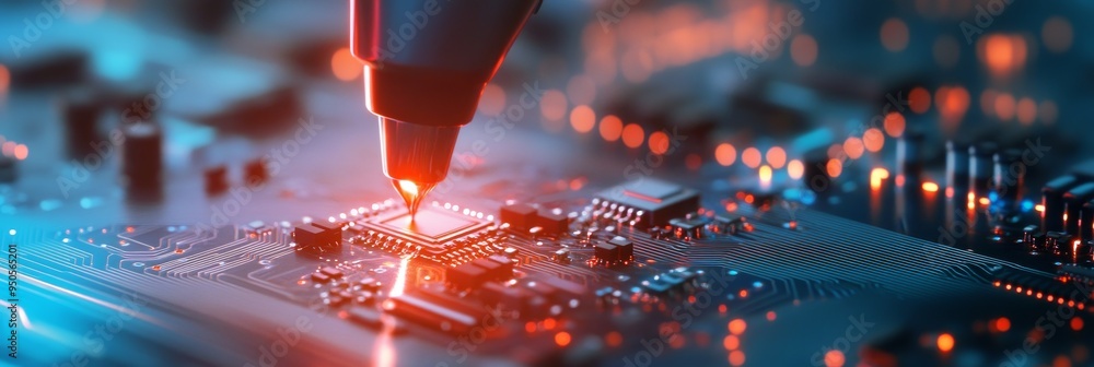 Poster a close-up shot of a robotic arm precisely placing an electronic component onto a circuit board. the
