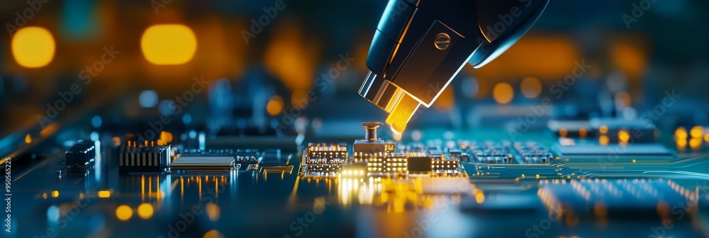 Aufkleber a close-up shot of a robotic arm precisely assembling an electronic component on a circuit board. th