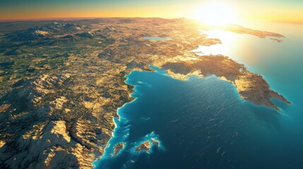Aerial view of a coastal landscape at sunrise highlighting rugged mountains and the shimmering ocean along a coast