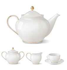 Teapot, sugar bowl, creamer, teacup on a white background. Illustration