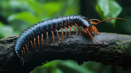 Fototapeta premium Centipede on a Branch in a Lush Green Forest