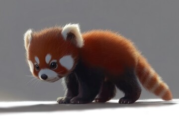 A playful red panda cub explores its surroundings with curiosity in soft, warm lighting