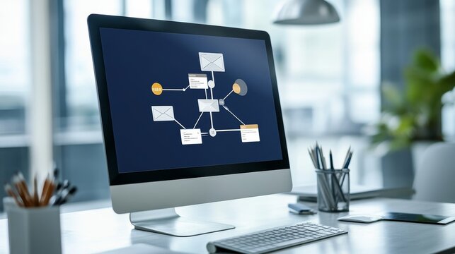 A computer screen displays an automated email sequence flowchart, illustrating the steps involved in sending a series of emails, showcasing email marketing strategy, automation, and customer engagemen