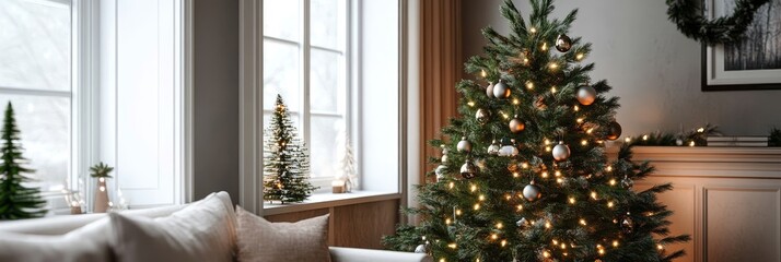 A cozy and stylish living room decorated for the holidays with a Christmas tree adorned with warm lights and ornaments, creating a festive atmosphere.