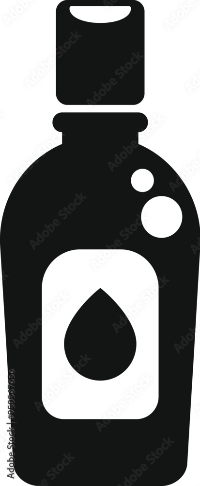 Poster black bottle of shampoo with bubbles icon in simple style isolated on white background