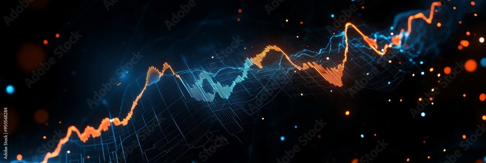 Poster a dynamic and abstract representation of stock market trends, with a blue and orange line graph symb