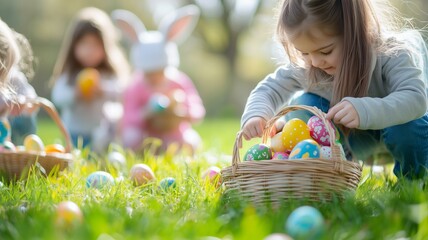 Children dressed in Easter bunny costumes collecting colorful painted eggs in the grass, holding baskets full of colorful Easter eggs. The scene captures the joy and excitement of an Easter egg hunt.