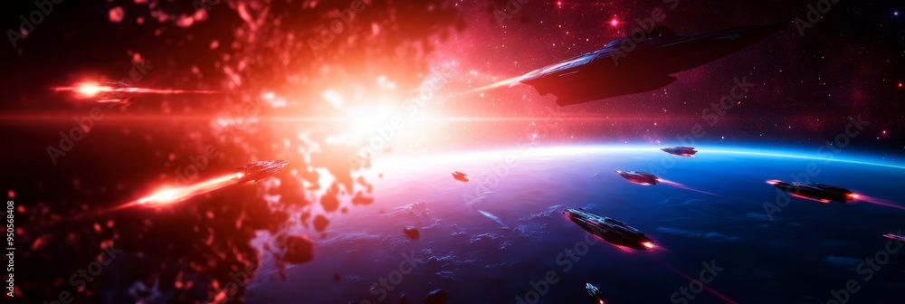 Poster a fleet of futuristic spaceships battles in deep space, with a planet in the background. the scene i