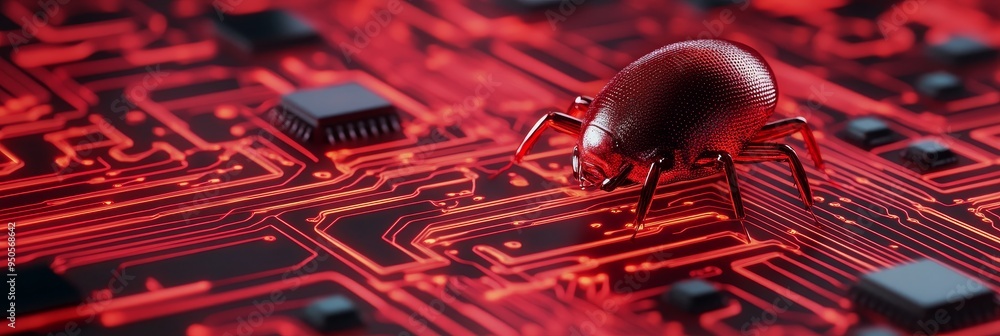 Poster a futuristic bug crawls across a red and black circuit board, symbolizing the threat of cyber securi