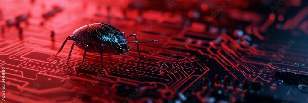 Poster a futuristic bug crawls across a red and black circuit board, symbolizing the vulnerability of techn