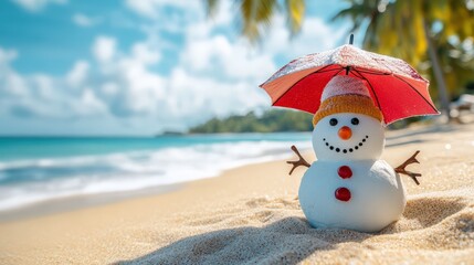 Frosty Snowman on a Warm Sandy Beach