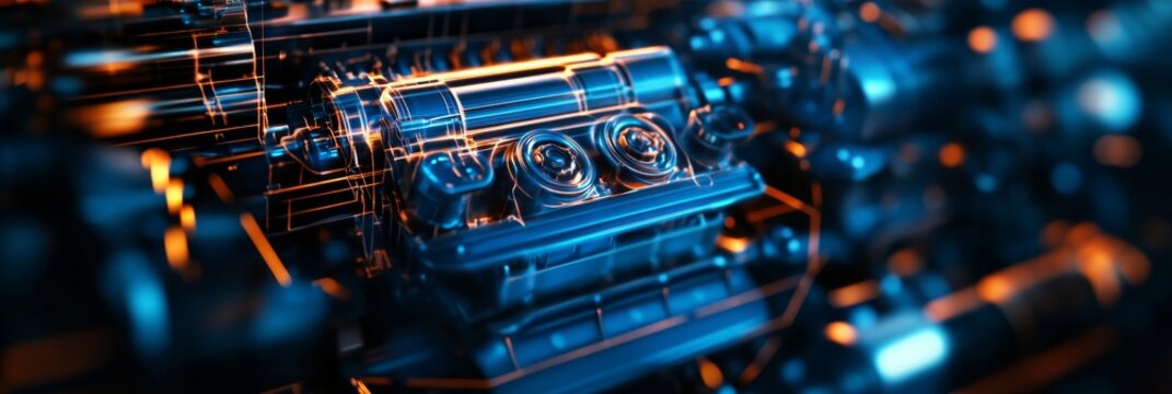A futuristic and minimalist illustration of a car engine blueprint, showcasing the intricate details and interconnected components. This image represents the power and complexity of modern automotive 