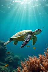 Meeresschildkr&ouml;te schwimmt &uuml;ber Korallenriff