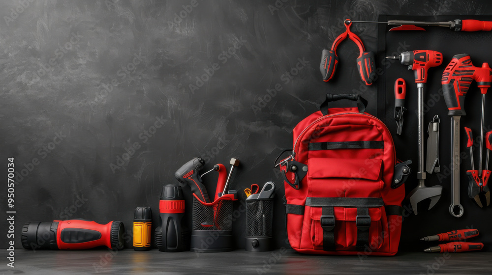 Poster a red tool bag with various hand tools neatly arranged on a dark background, ideal for diy and repai