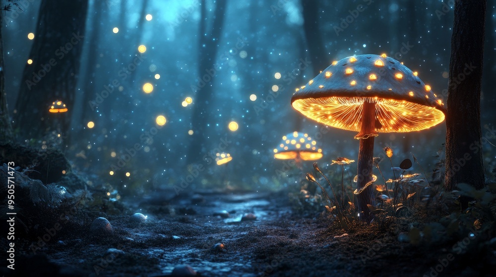 Poster a magical forest path illuminated by glowing mushrooms, creating an ethereal and mystical atmosphere