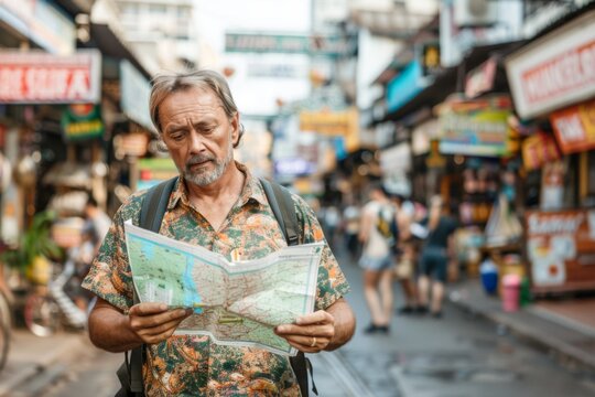 Middle-Aged Tourist Navigating His Journey with a Map in Hand.