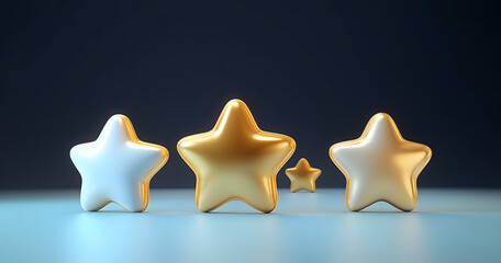 Three-dimensional rendering showing five gold stars on a flat-design icon symbol representing customer satisfaction.