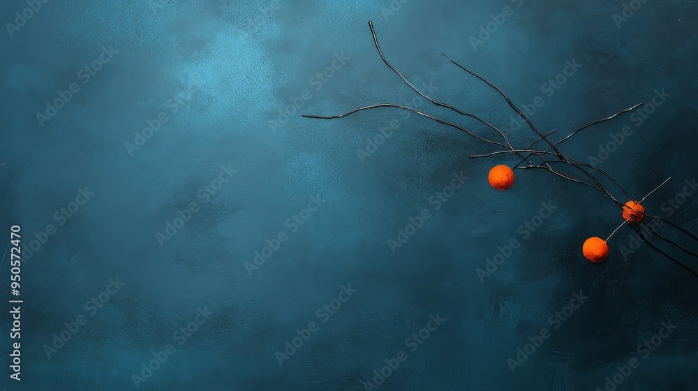 Poster a minimalist abstract background featuring a dark blue textured surface with a delicate branch adorn