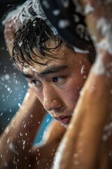 Man Washing Face with Soap. People