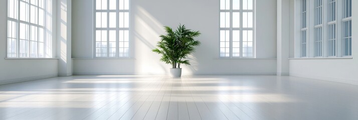 A minimalist white interior with large windows, a potted plant, and a podium in the center. The space is bright and airy, with natural light streaming in through the windows. The white walls and floor