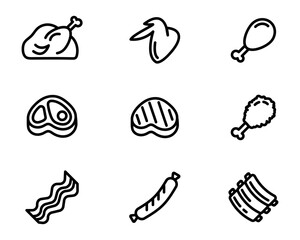 BBQ meat icon set. Grilled turkey sign. Beef steak symbol. Butcher color illustration. Roasted pork ribs pictogram.