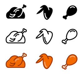 Whole turkey icon. Chicken wing sign. Grilled leg symbol. Thanksgiving turkey illustration. Roasted bird pictogram.