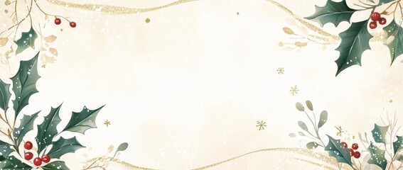 Winter Watercolor Background with text Space, winter theme, minimalistic style, white and gold colors, large blank area elegant holly leaves and berries, delicate snowflakes Generative AI