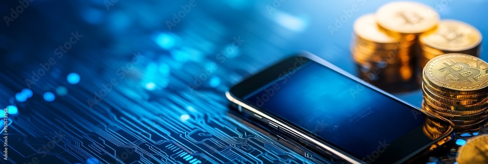 Poster a modern digital payment concept showcasing a smartphone resting on a circuit board with stacks of g