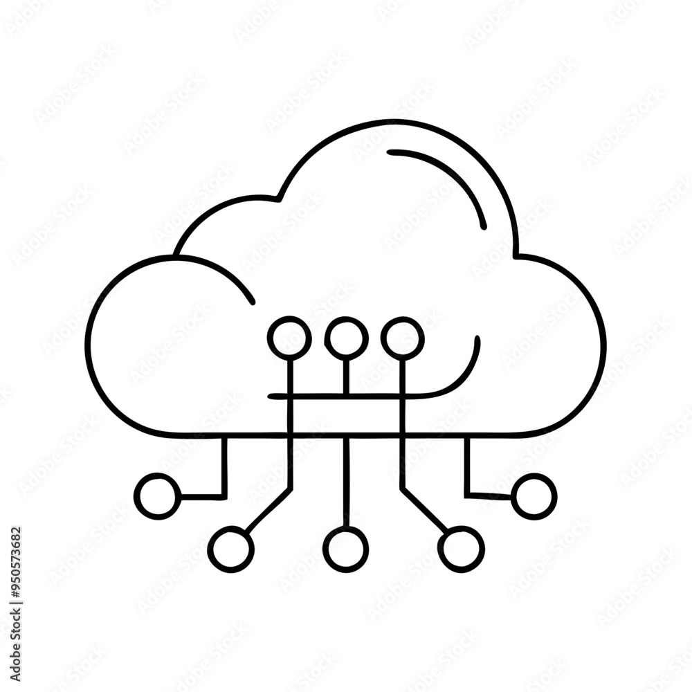 Wall mural cloud computing and networking icon with connection points in black outline style