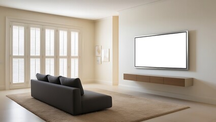 Stylish Modern Bedroom with Large Wall-Mounted TV Screen, Minimalist Decor, and Cozy Ambiance - Perfect for Interior Design, Home Decor, and Technology Integration Concepts