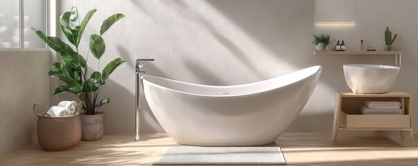 Modern minimalist bathroom with a chic bathtub, neutral tones, and natural illumination.
