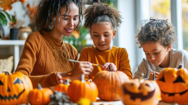 Happy Multiracial Family Pumpkin Carving During Halloween. Warm Autumn Holiday Scene with Pumpkins Lanterns. Generative ai