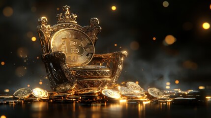 A lavish golden throne adorned with Bitcoin coins amidst sparkling background lights in a digital finance setting