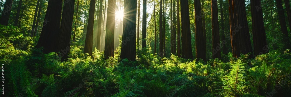 Poster a serene image of a redwood forest, sunlight filtering through the towering trees and illuminating t