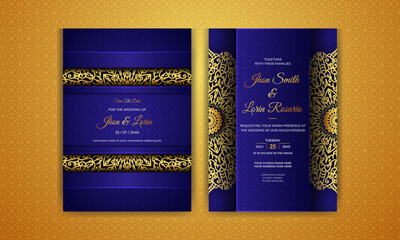Luxury wedding invitation card with ornamental golden mandala with arabesque pattern