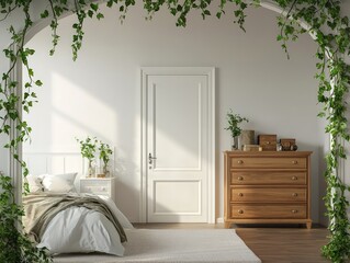 Simplistic pearl bedroom with discreet doors, elegant furniture, and green ivy drapes.