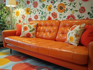 colourful 70s style interior design, generative ai