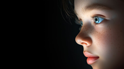 Young child with bright blue eyes gazing intently at night