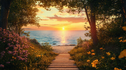 A serene garden path lined with flowers leads to the coastline at evening twilight, illuminated by the warm light of the setting sun, a perfect escape to peace and nature.